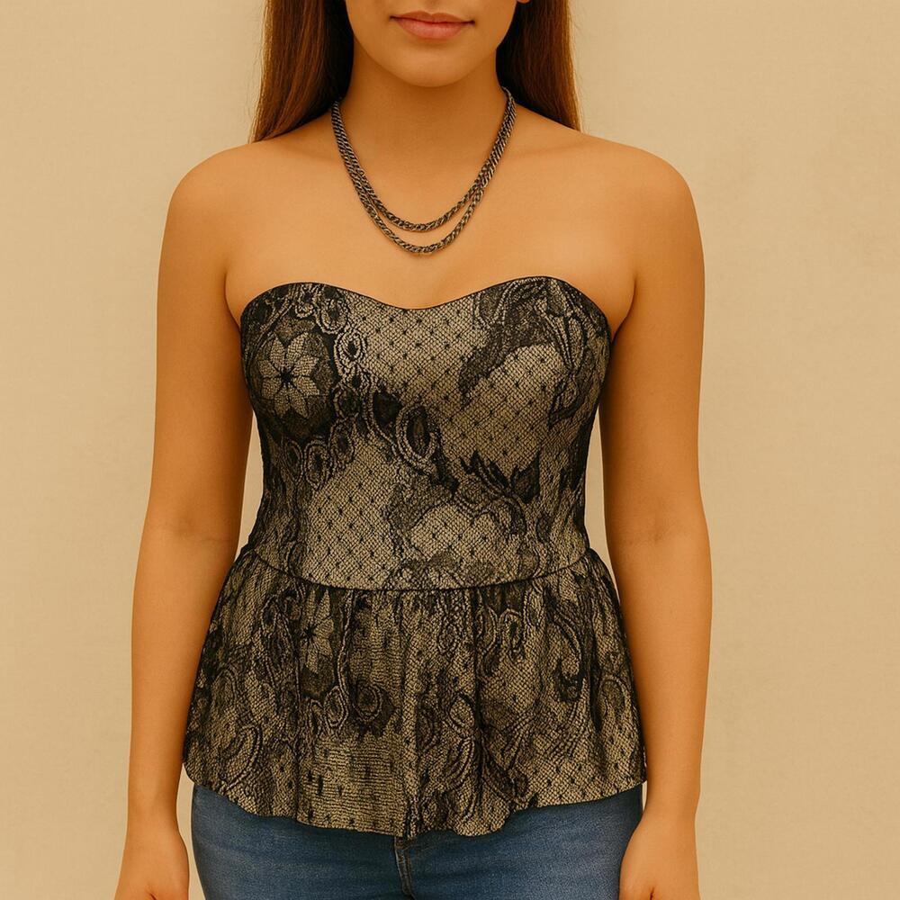 Gothic Romantic Strapless Lace Peplum Top Black Beige |Retro Old Hollywood Glam